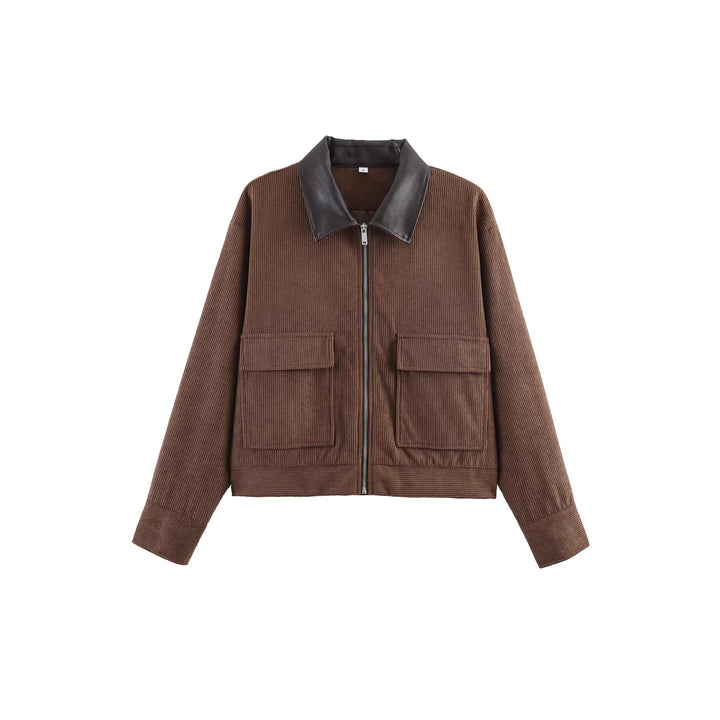 Damen Kordjacke mit Lederkragen, durchgehendem Reißverschluss und aufgesetzten Klappentaschen – Célinea