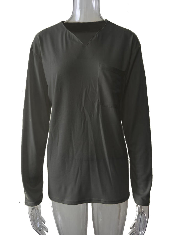 Damen nan legeres Langarmshirt mit V-Notch-Ausschnitt, Brusttasche und lockerer Oversize-Passform Echo Archiv