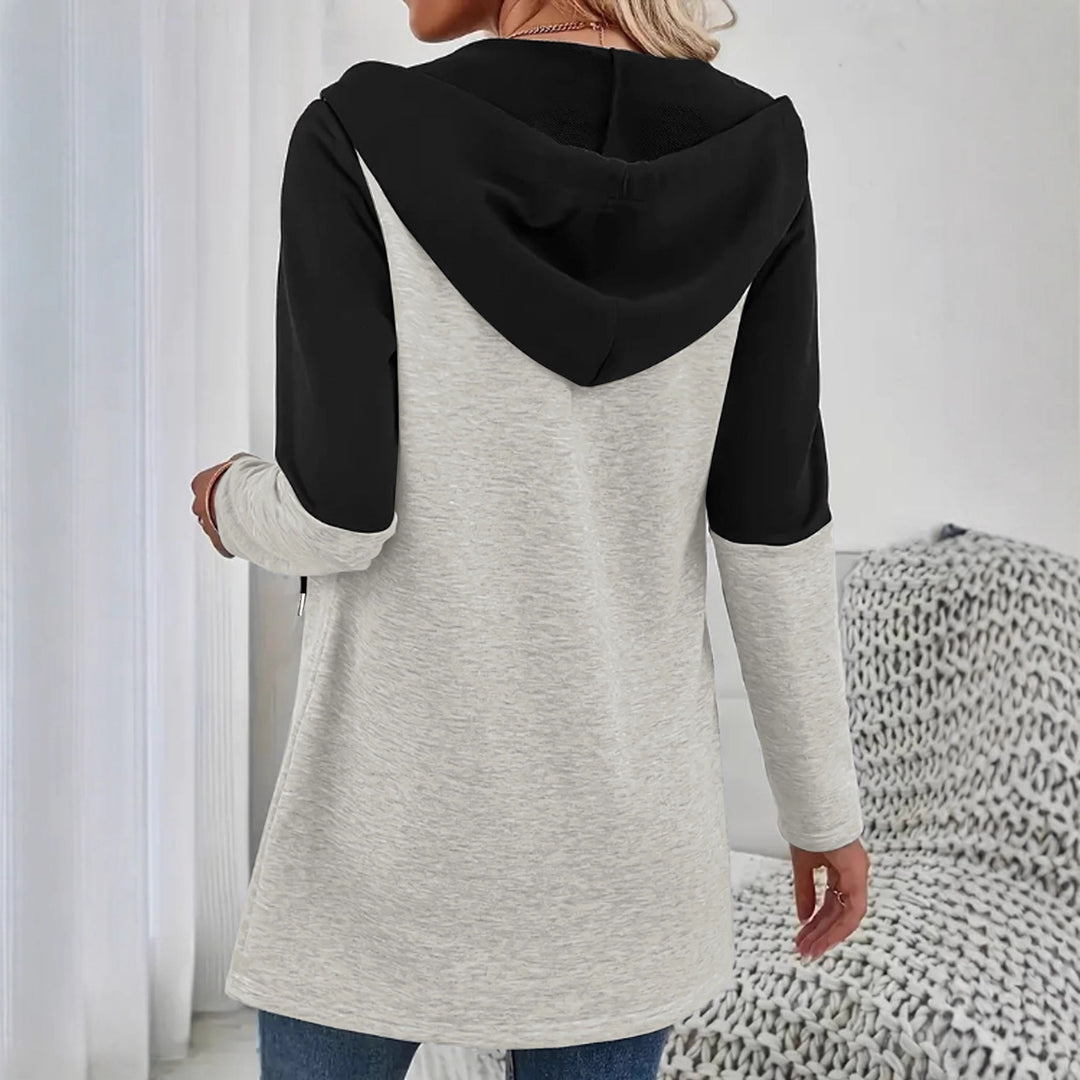Damen Longline Kapuzen‑Sweatjacke mit Farbblock, Reißverschluss und Eingrifftaschen – Auréline