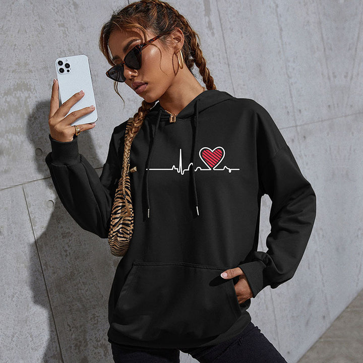 Damen Oversize-Kapuzenpullover mit Herz-EKG‑Print und Kängurutasche Echoarchiv