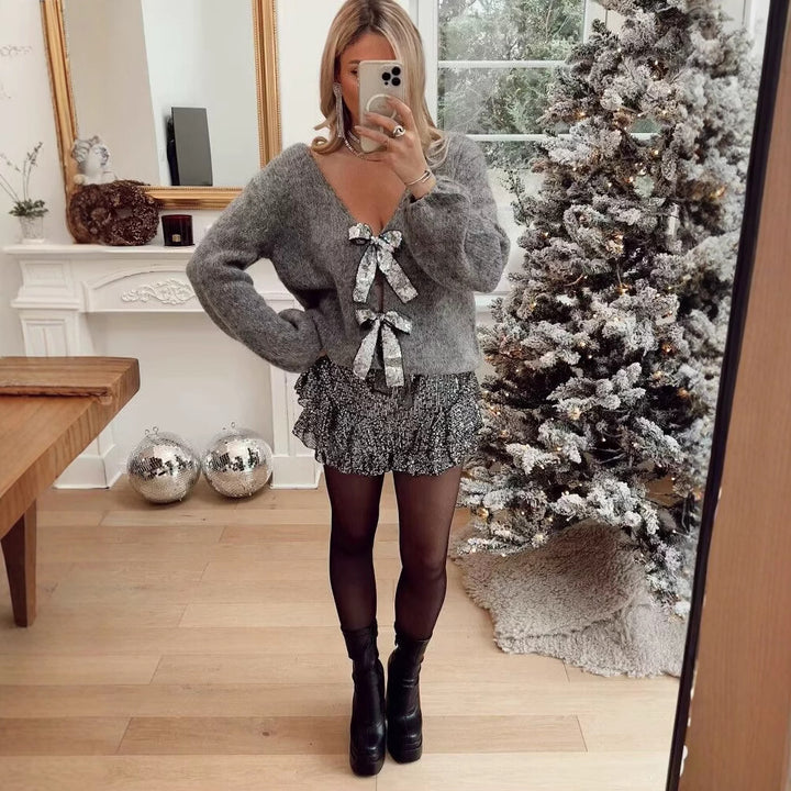Damen Oversize-Strickcardigan mit V‑Ausschnitt und Pailletten‑Schleifen Echo Archiv