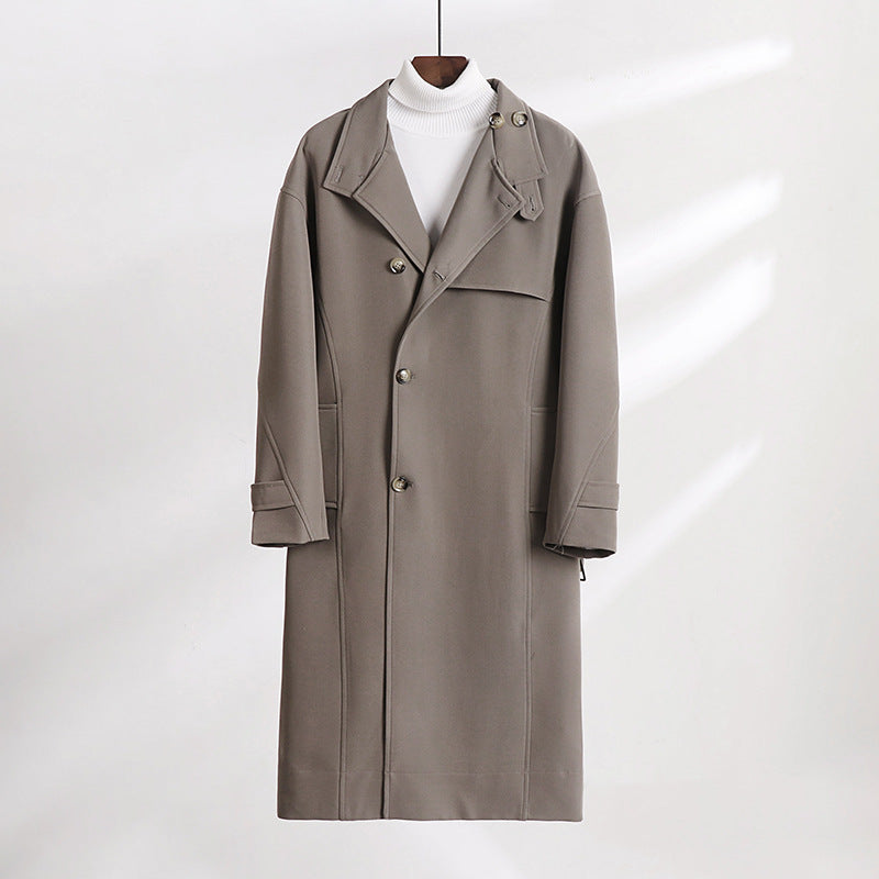 Herren Langgeschnittener Minimalistischer Trenchcoat mit Schalkragen und verstellbaren Ärmelriemen Echoarchiv