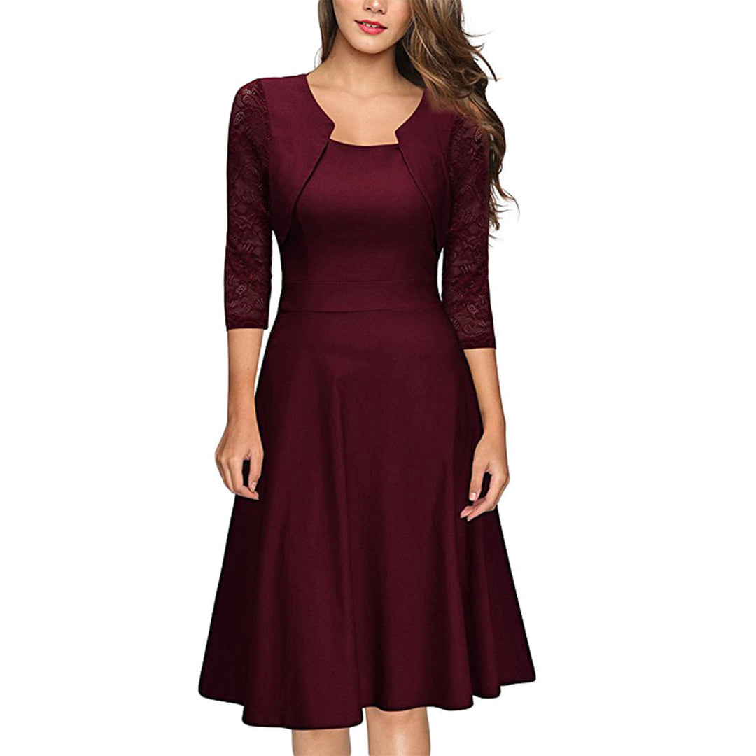Damen Midi-Kleid mit Spitzenärmeln und schwingendem Rock Echoarchiv