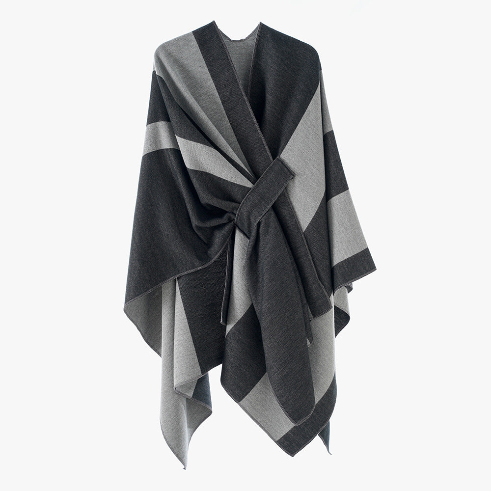 Damen Wickel‑Cape mit breitem Streifenmuster und Bindegürtel – Avérine