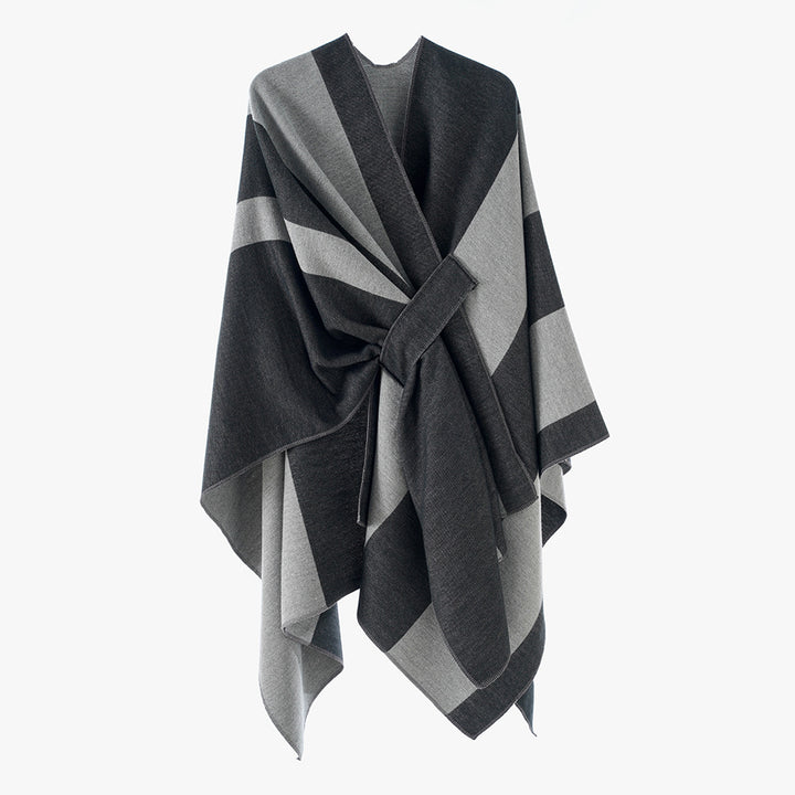 Damen Wickel‑Cape mit breitem Streifenmuster und Bindegürtel – Avérine
