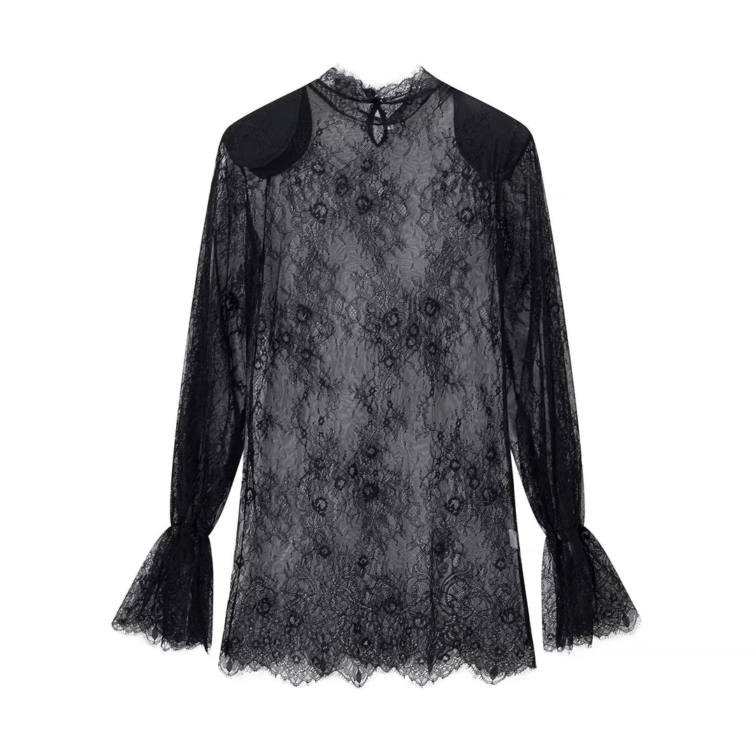 Damen nan transparente Spitzenbluse mit Stehkragen, Bindeschlüssel und Glockenärmeln Echo Archiv