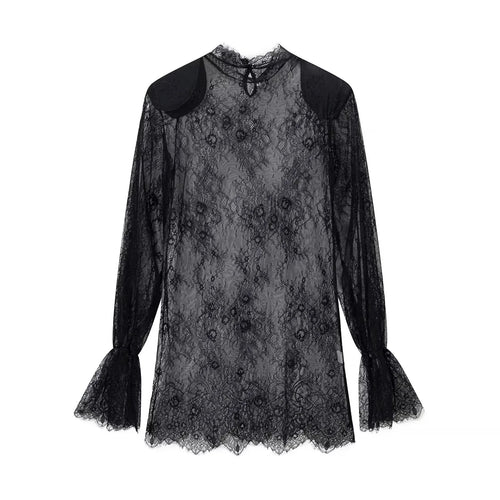 Damen nan transparente Spitzenbluse mit Stehkragen, Bindeschlüssel und Glockenärmeln Echo Archiv