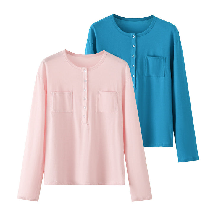Damen Langarm-Henleyshirt aus Baumwollmix mit Rundhalsausschnitt, Brusttaschen und lockerer Passform Echo Archiv