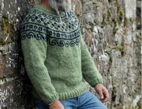 Damen nan melierter Rundhalsausschnittpullover mit kreisförmigem Jacquard-Yoke und geripptem Saum Echo Archiv