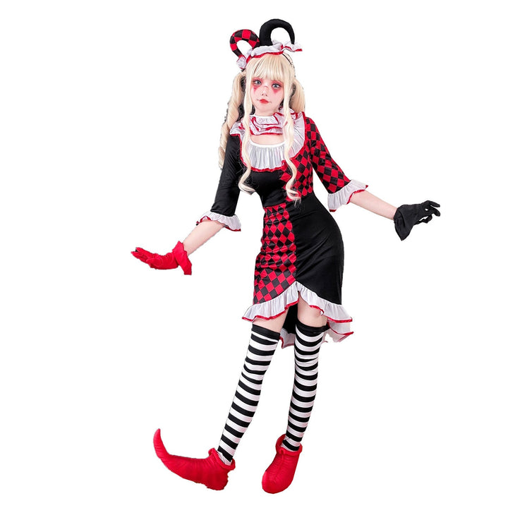 Mädchen Clownkostüm mit verspielt gestreiftem Strumpf und Hut Echo Archiv