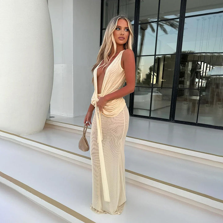 Damen elegantes Maxikleid mit tiefem V-Ausschnitt und verführerischen Wickeldetails Echo Archiv