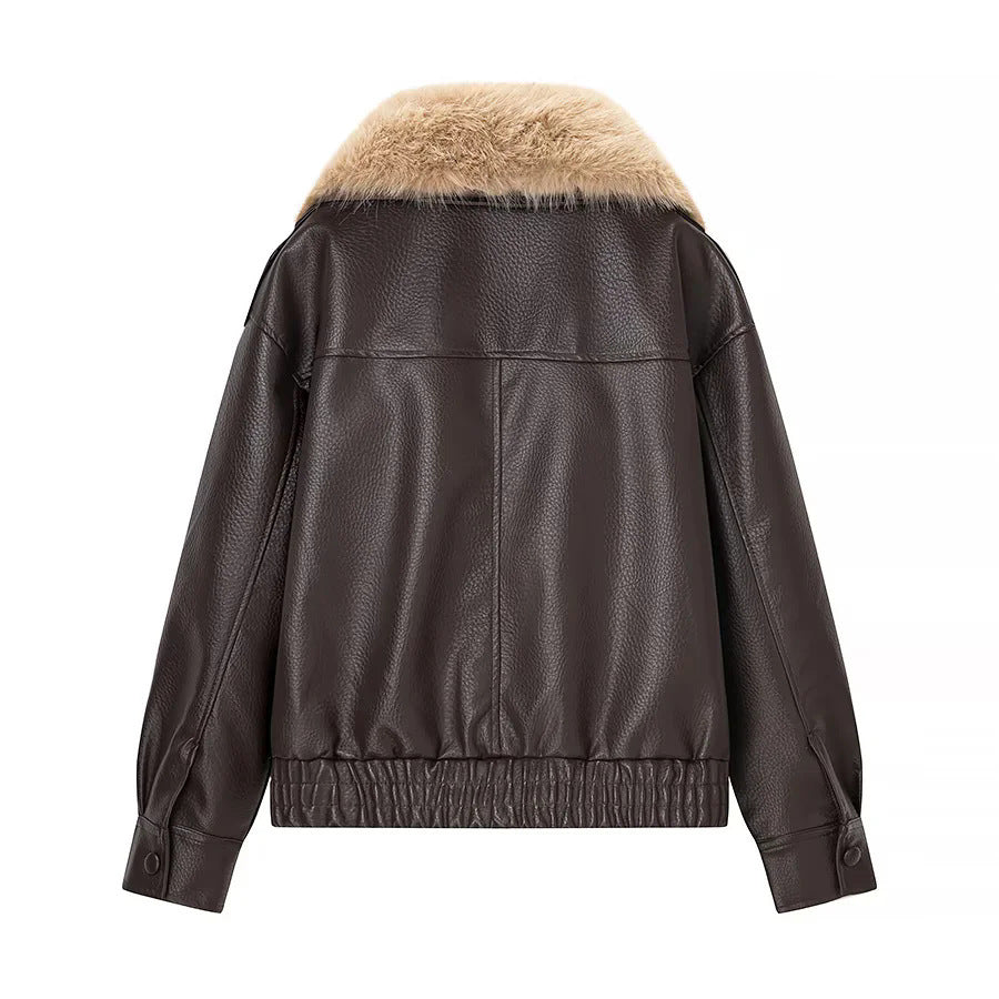Damen kurz geschnittener Kunstleder-Blouson mit voluminösem Kunstfell-Schalkragen – Célinea