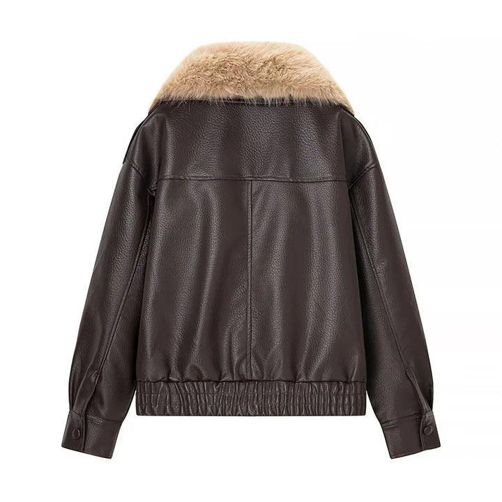 Damen kurz geschnittener Kunstleder-Blouson mit voluminösem Kunstfell-Schalkragen – Célinea