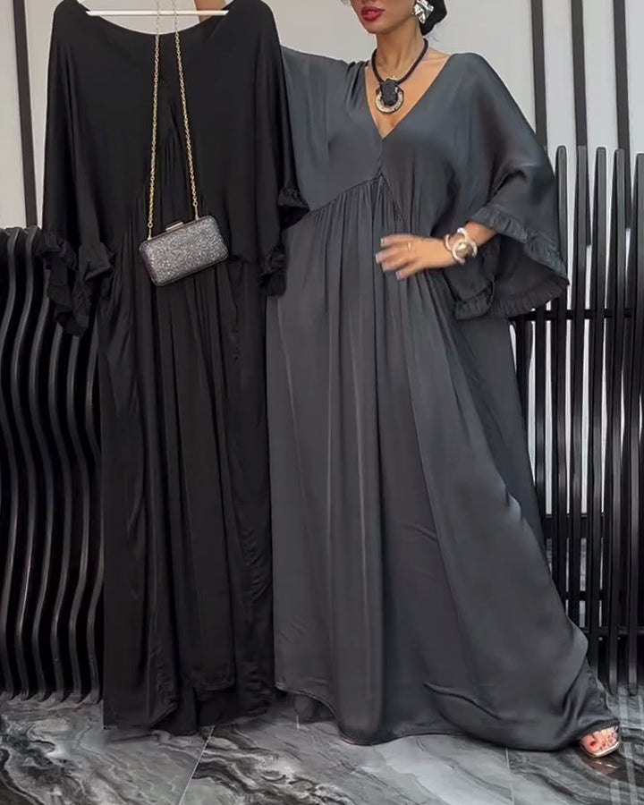 Damen nan Satinoptik Kaftan-Maxikleid mit V-Ausschnitt, geraffter Empirenaht und Volantsärmeln Echo Archiv