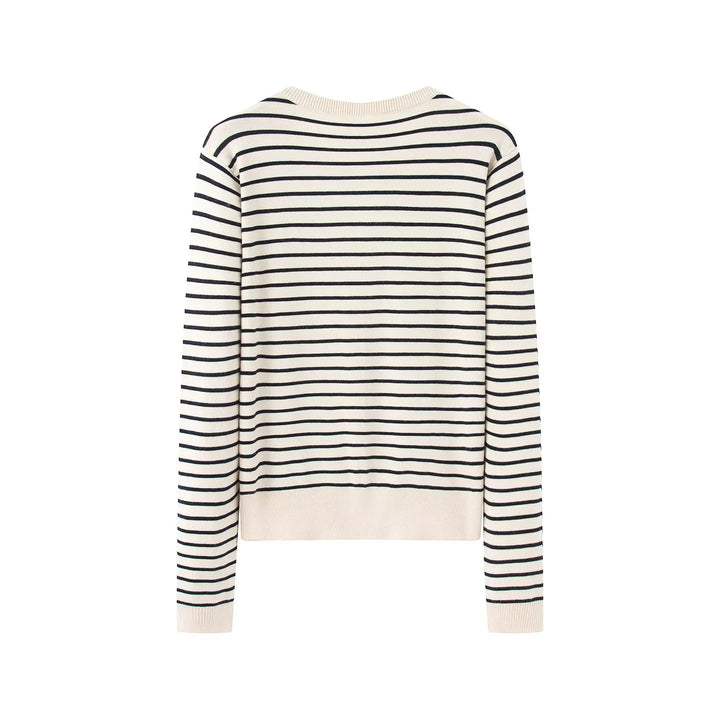 Damen gestreifte Feinstrick-Cardigan mit Rundhalsausschnitt und durchgehender Knopfleiste – Veloura