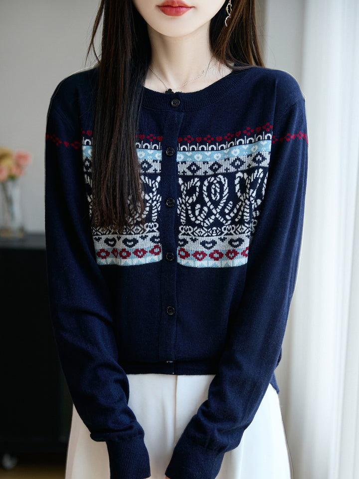 Damen Leichter Feinstrick-Cardigan mit nordischem Jacquardmuster und feiner Knopfleiste Echoarchiv