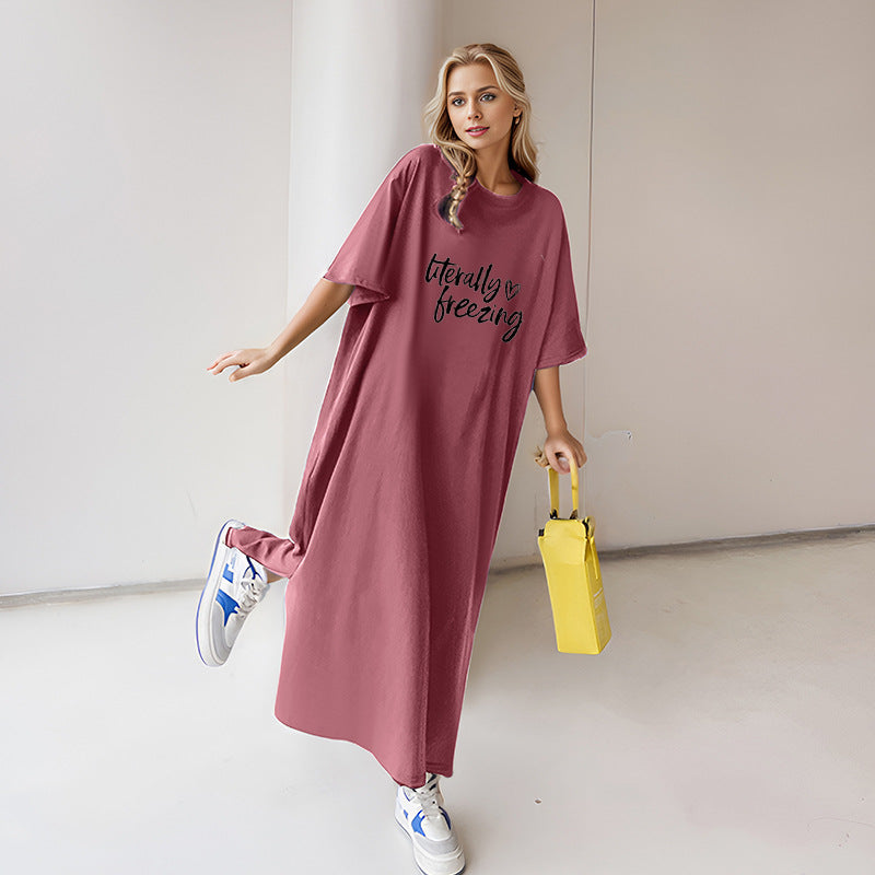 Damen locker geschnittenes Maxikleid mit großem Herzgrafikprint und Rundhalsausschnitt – Valéora