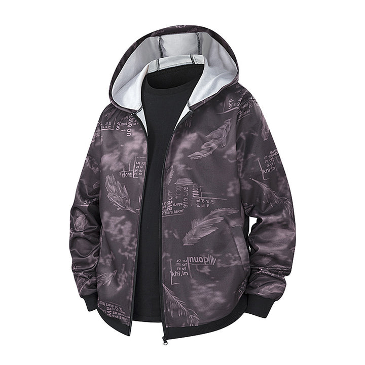 Herren Kapuzen‑Shelljacke mit Allover‑Federmotiv, wasserabweisender Glanzoberfläche und gerippten Bündchen Echo Archiv