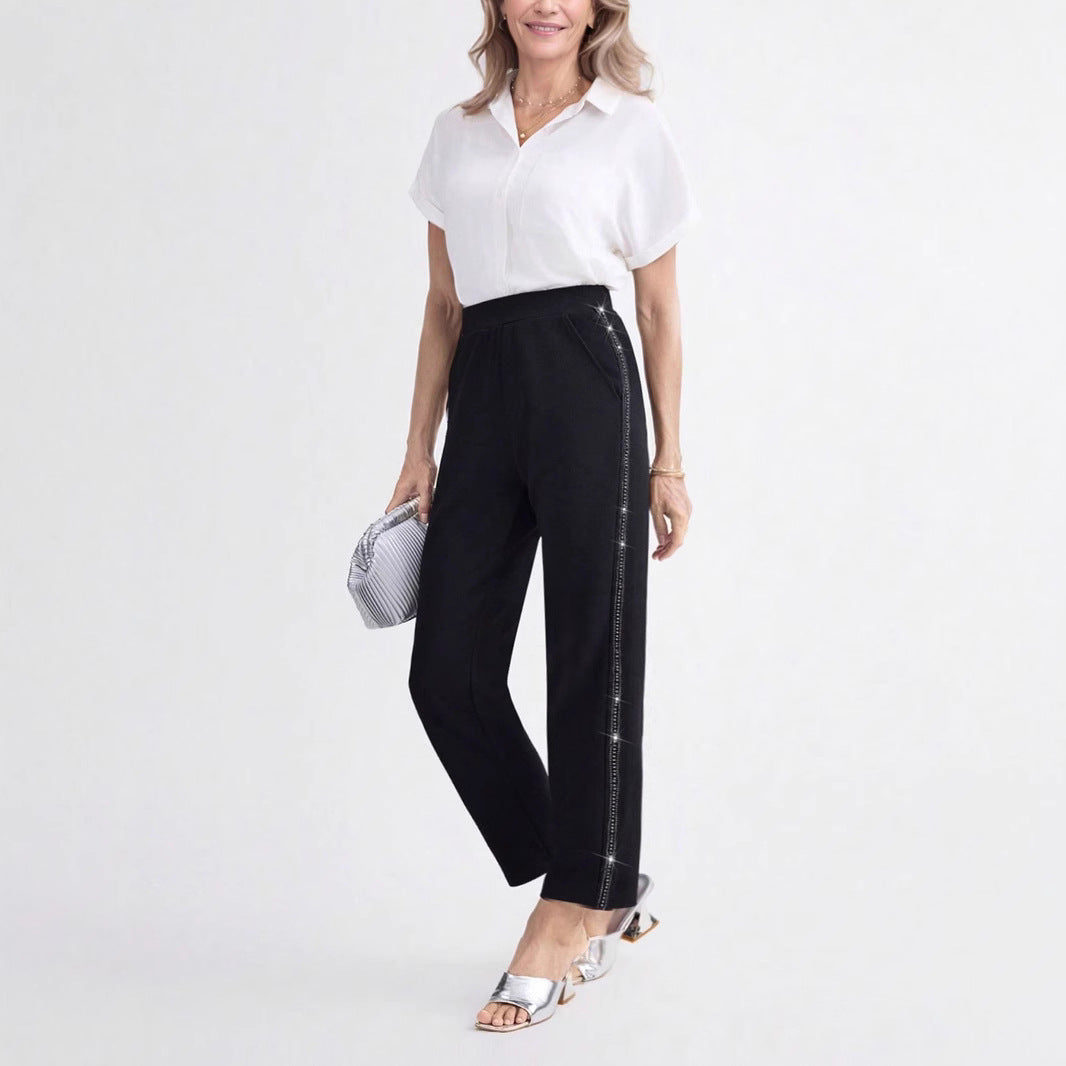 Damen Elegante gerade geschnittene Stoffhose mit elastischem Bund und seitlichem Glitzerbesatz – Avérine
