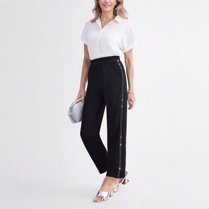 Damen Elegante gerade geschnittene Stoffhose mit elastischem Bund und seitlichem Glitzerbesatz – Avérine