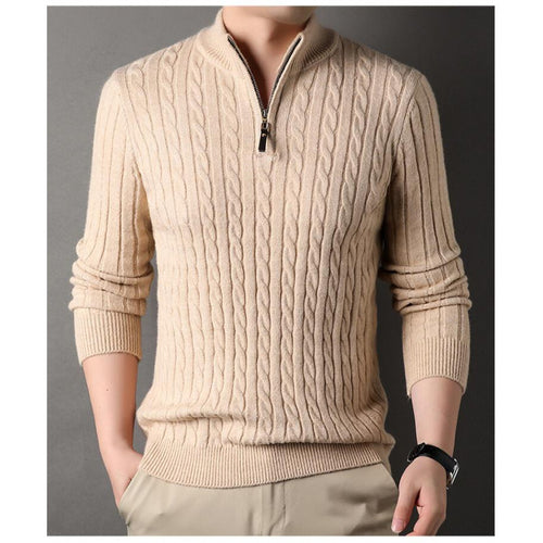 Herren eleganter Strickpullover mit halbem Reißverschluss und Kabelmuster Echoarchiv