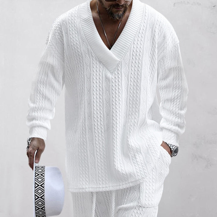 Herren Oversize-Zopfmuster-Pullover mit tiefem V-Ausschnitt Echoarchiv