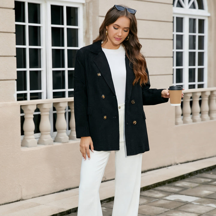 Damen Langer Cord-Blazer im Doppelreiher mit Reverskragen und Pattentaschen Echoarchiv