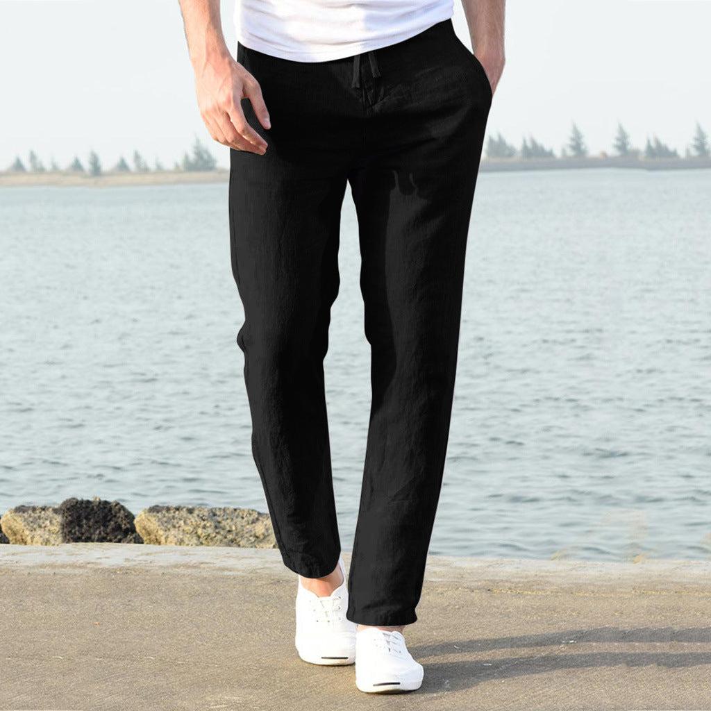 Herren lässige Leinenhose mit elastischem Bund und seitlichen Taschen Echoarchiv