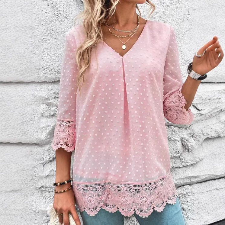 Damen nan feminine Chiffon-Tunika mit Pünktchenrelief, V-Ausschnitt und Häkelspitzenbesatz Echo Archiv