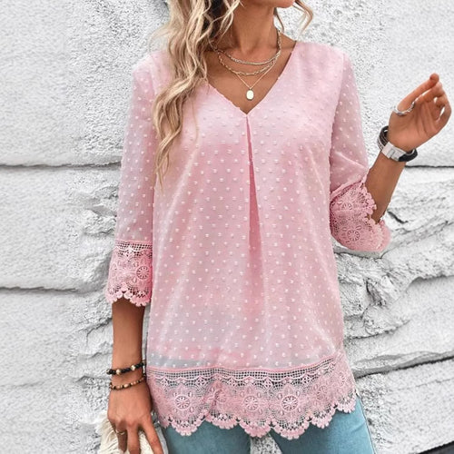 Damen nan feminine Chiffon-Tunika mit Pünktchenrelief, V-Ausschnitt und Häkelspitzenbesatz Echo Archiv