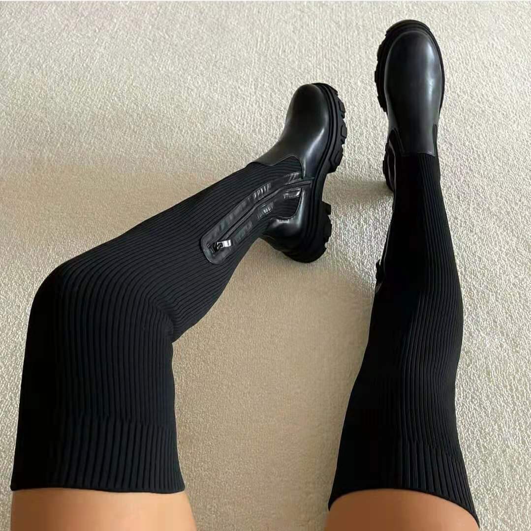 Damen knielange Strickschaft-Chelsea-Boots mit kontrastfarbiger Profilsohle – Lioré