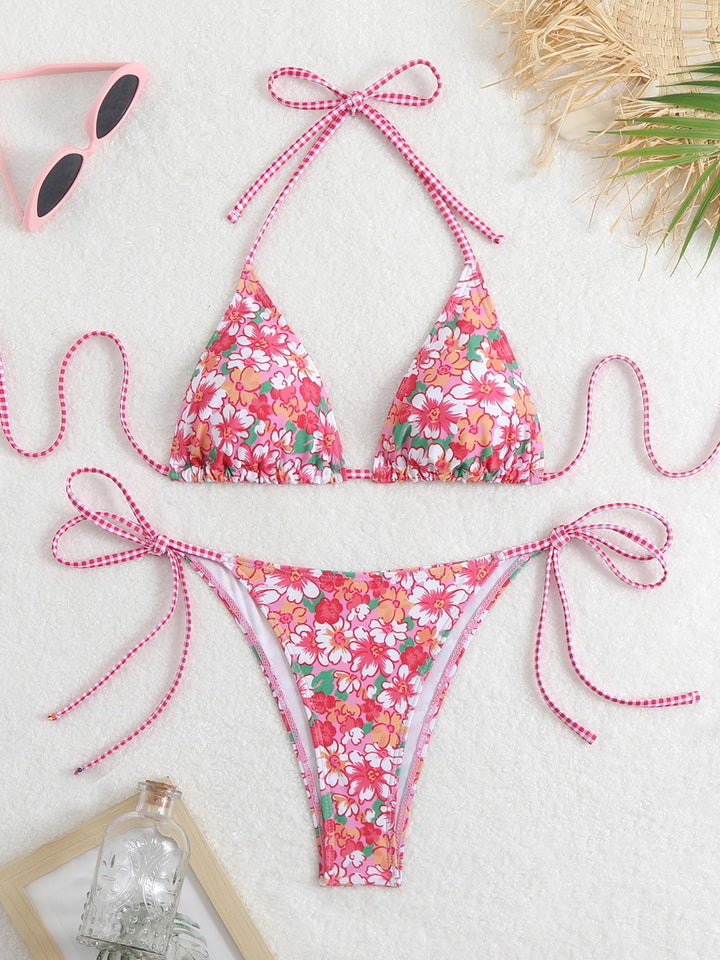 Damen Triangel-Bikini-Set mit verspieltem Blumenmuster und feinen Bindebändern Echo Archiv