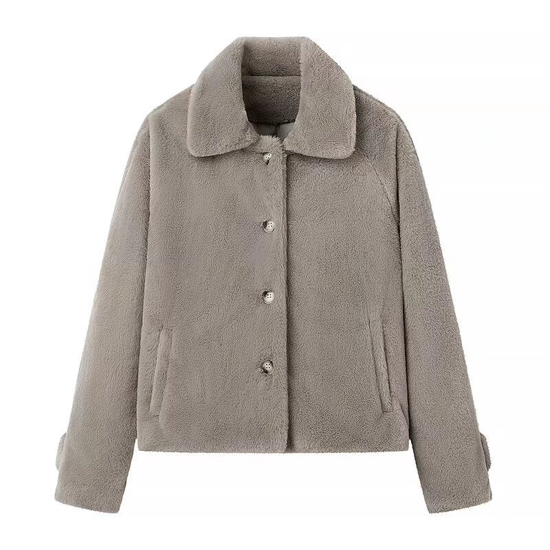 Damen Kurz geschnittene Teddy‑Fleecejacke mit Hemdkragen, verdeckter Knopfleiste und Eingrifftaschen Echo Archiv