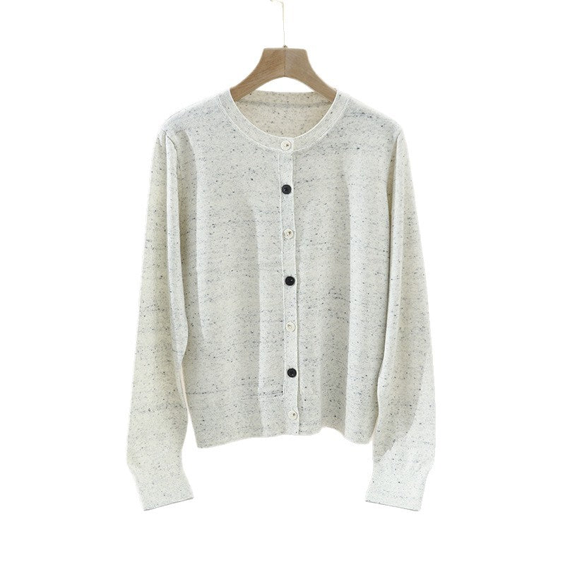 Damen Leichter gestrickter Kurzcardigan mit Rundhals, Mélange‑Struktur und kontrastierenden Knöpfen Echo Archiv