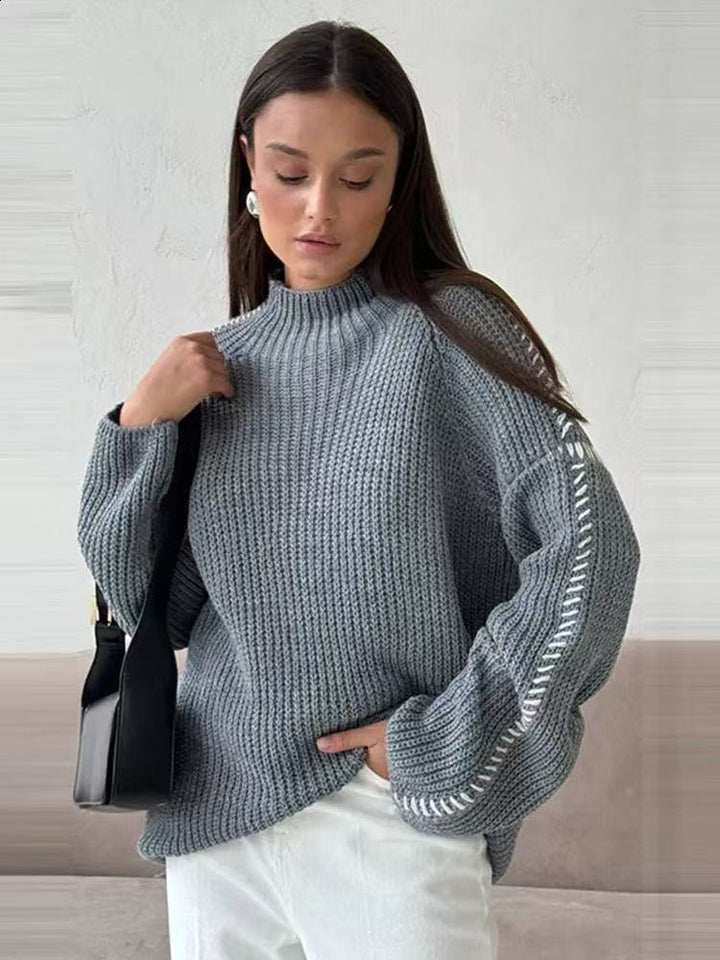 Damen Oversize-Strickpullover mit Stehkragen, Ballonärmeln und Ziernaht Echo Archiv