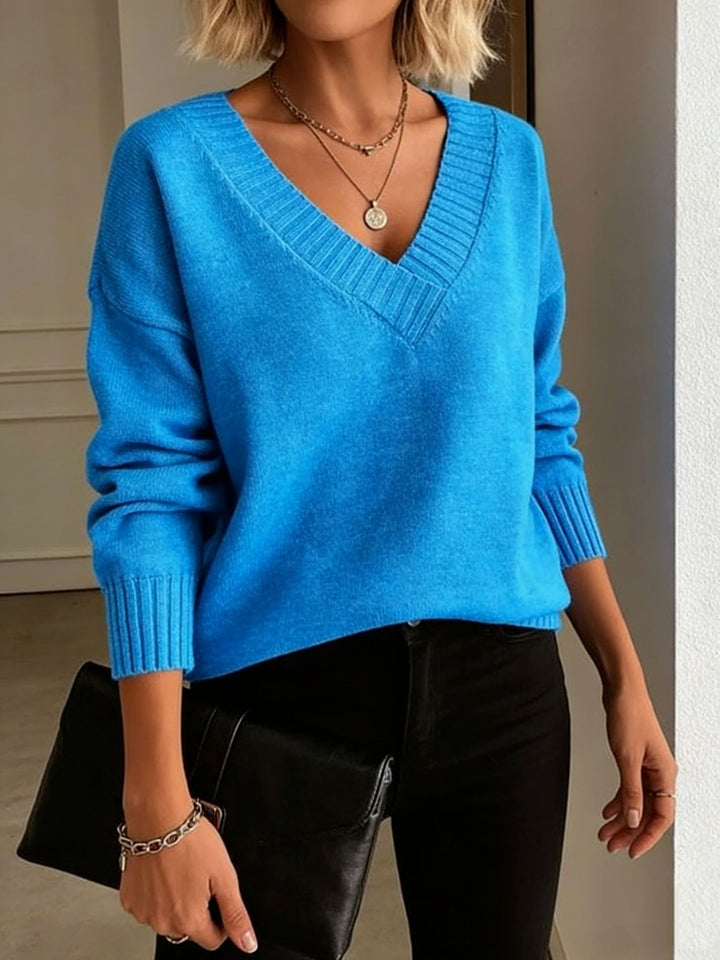 Damen Feinstrickpullover mit tiefem V-Ausschnitt und überschnittener Schulter – Mavelle