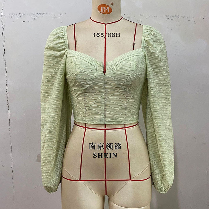 Damen Kurzes Bustier-Cropped-Top mit herzförmigem Ausschnitt, Puffärmeln und strukturierter Chiffonoptik Echoarchiv