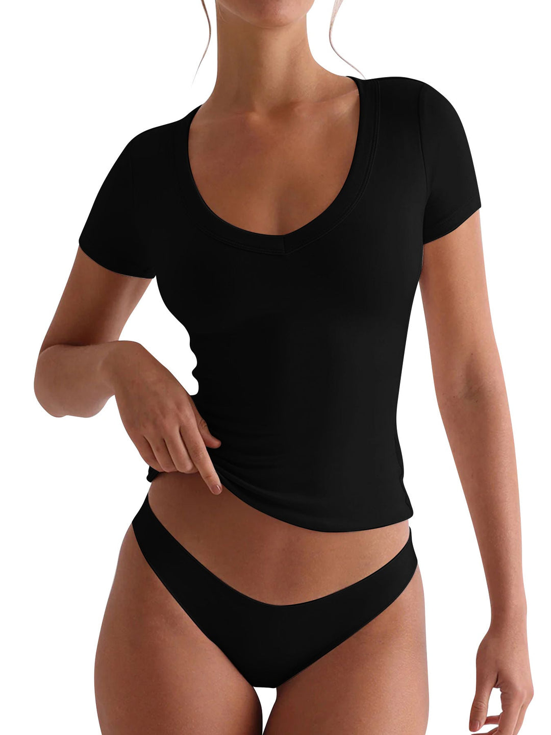 Damen figurbetontes V-Neck T-Shirt mit kurzen Ärmeln Echoarchiv