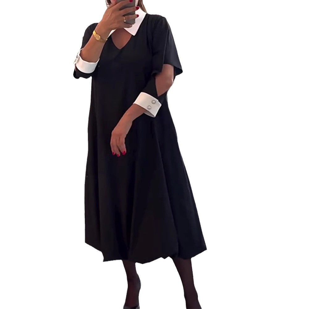 Damen nan kastiges Midikleid mit spitzem Kontrastkragen, Umschlagmanschetten, Eingrifftaschen und Ballon-Saum Echo Archiv