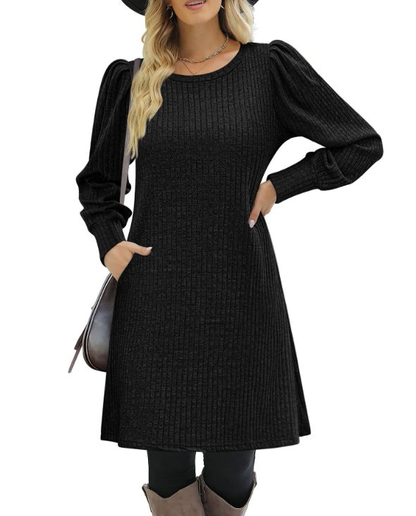 Damen gestricktes A-Linien Strickkleid mit Puffärmeln – Élara