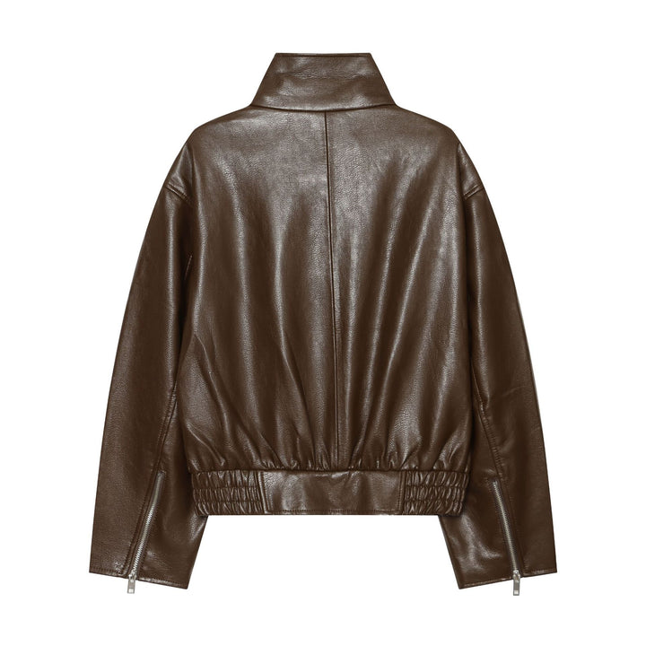 Damen Kurz geschnittene Lederoptik‑Blousonjacke mit Funnelkragen, asymmetrischem Reißverschluss und smocked Bund Echo Archiv