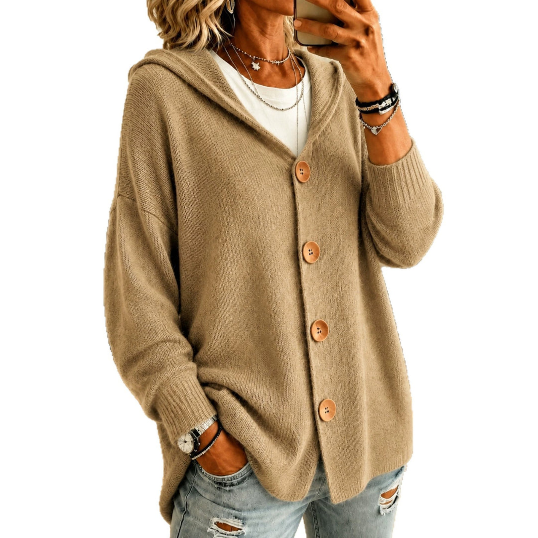 Damen Kapuzen-Cardigan Oversize mit Holzknöpfen und Rippbündchen – Veloura