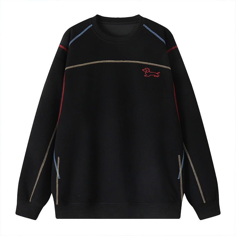 Herren Sweatshirt mit farbiger Ziernaht, gesticktem Hundemotiv und Rundhalsausschnitt Echoarchiv