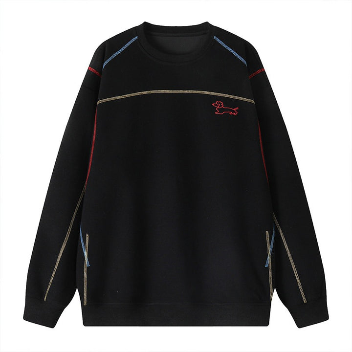 Herren Sweatshirt mit farbiger Ziernaht, gesticktem Hundemotiv und Rundhalsausschnitt Echoarchiv