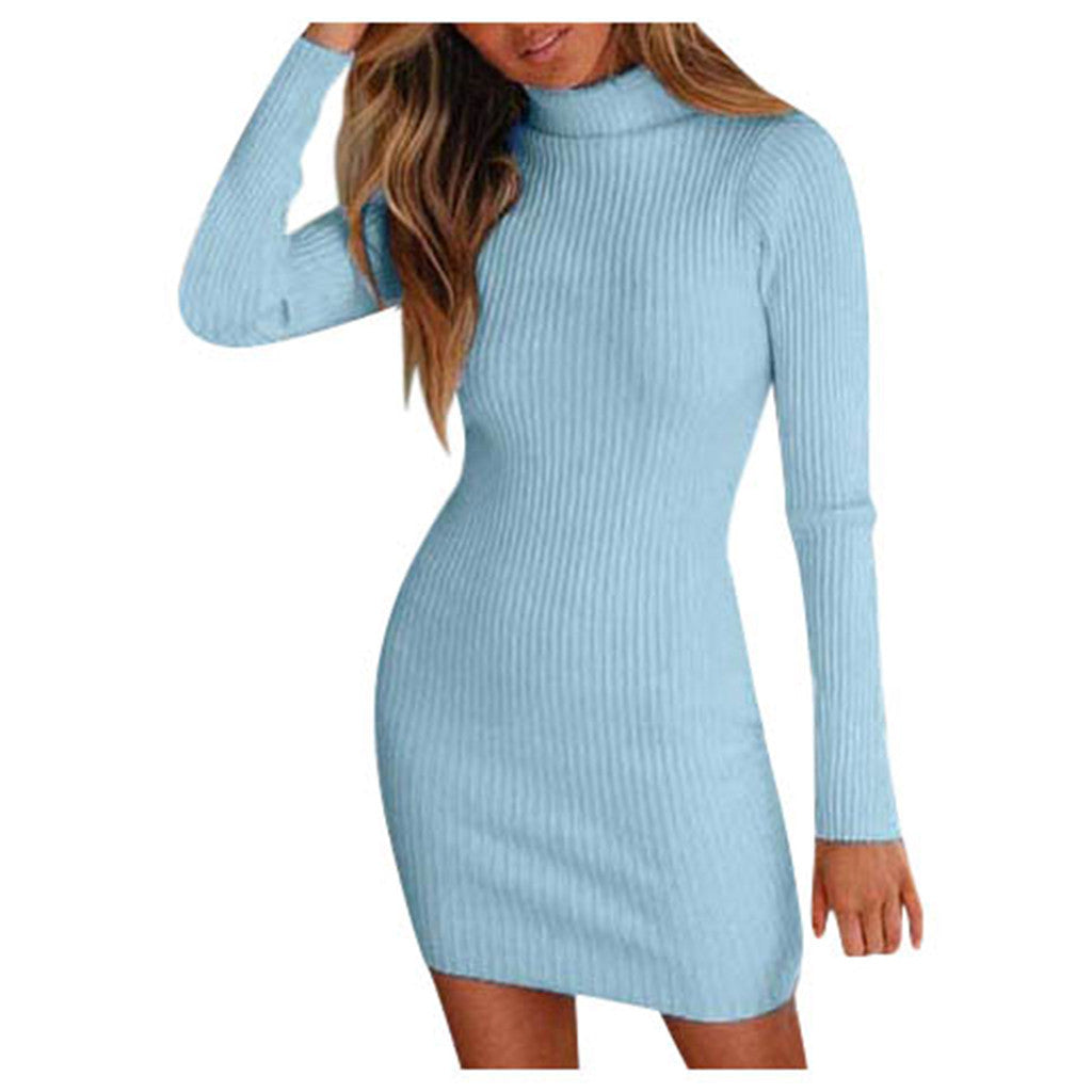 Damen Enganliegendes geripptes Strick-Minikleid mit Rollkragen und langen Ärmeln Echo Archiv