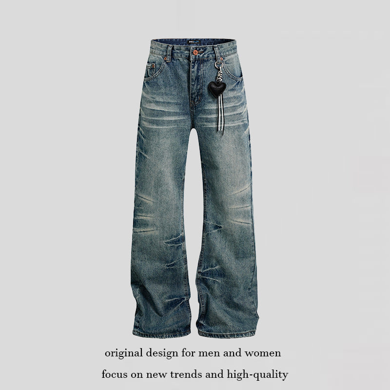 Damen Weite Vintage-Jeans im Schlagstil mit Used-Wash und Herz-Anhänger Echoarchiv