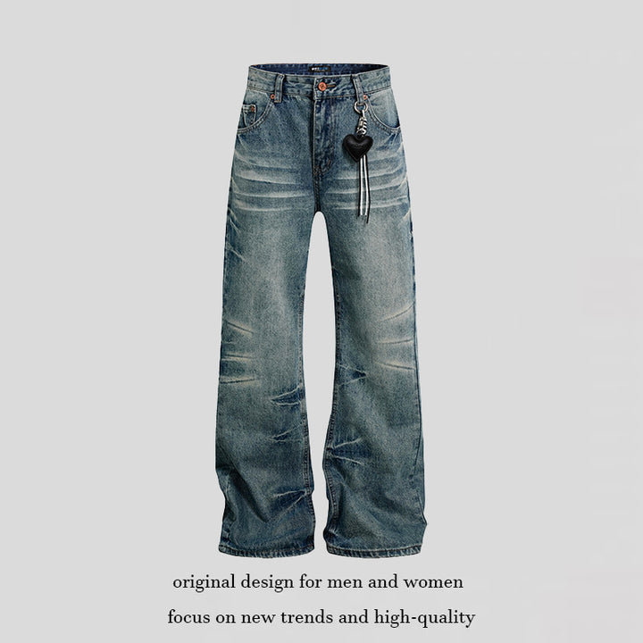 Damen Weite Vintage-Jeans im Schlagstil mit Used-Wash und Herz-Anhänger Echoarchiv