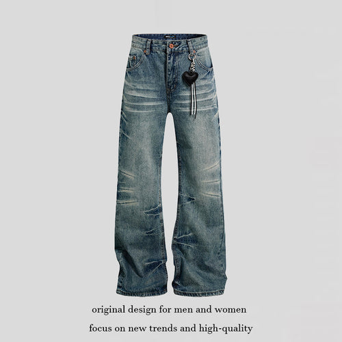 Damen Weite Vintage-Jeans im Schlagstil mit Used-Wash und Herz-Anhänger Echoarchiv
