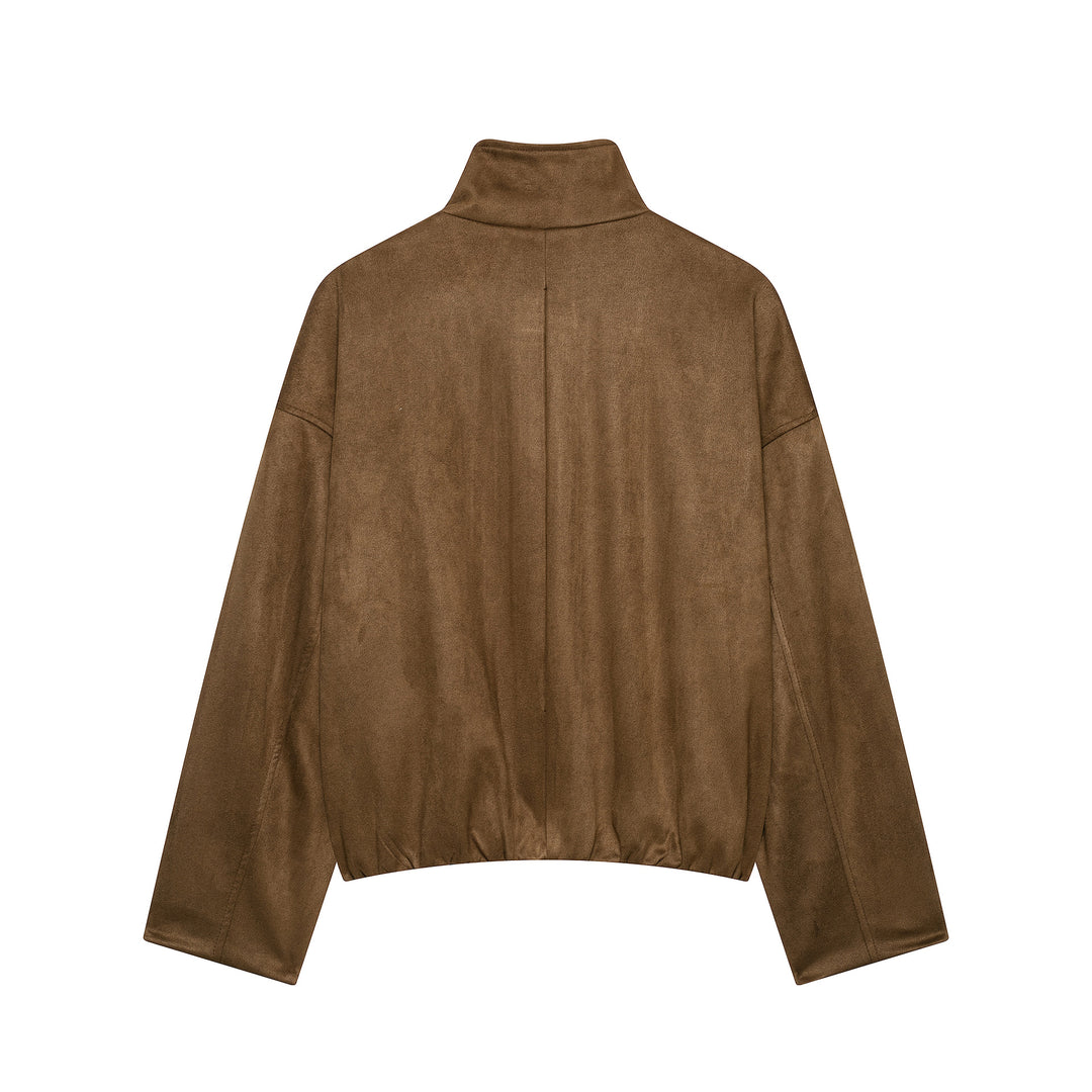 Damen Kurze Wildlederoptik-Fieldjacke mit Stehkragen, Pattentaschen und Schulterklappen Echoarchiv