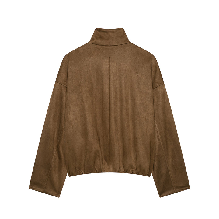 Damen Kurze Wildlederoptik-Fieldjacke mit Stehkragen, Pattentaschen und Schulterklappen Echoarchiv